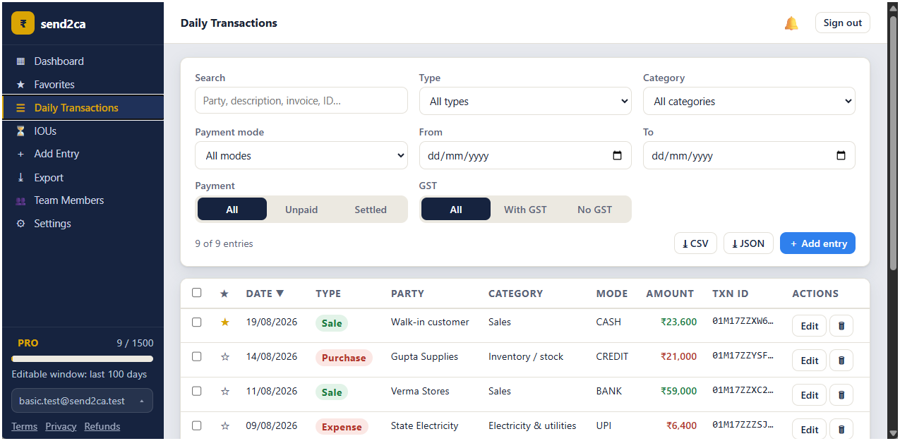The send2ca daily transactions list, showing filters, starred entries, GST and amounts